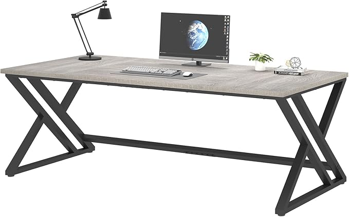 LVB Modern Long Office Desk, Large Wood Metal Computer Desk, Industrial Double Workstation Desk for Two People, Rustic PC Executive Work Study Writing Computer Table for Home, Light Grey Oak, 78.7 in