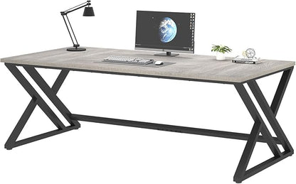 LVB Modern Long Office Desk, Large Wood Metal Computer Desk, Industrial Double Workstation Desk for Two People, Rustic PC Executive Work Study Writing Computer Table for Home, Light Grey Oak, 78.7 in