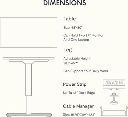 FLEXISPOT EN2 Whole-Piece Standing Desk with Clamp Power Strip, 48 x 30 Electric Stand Up Height Adjustable Desk with Cable Management (White Frame + 48" White Wood Grain Desktop, 2 Packages)