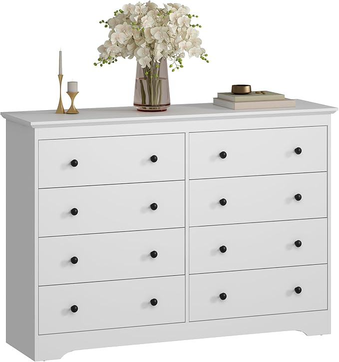 White Dresser for Bedroom, 8 Drawer Dresser with Large Drawers, 55 Inch Wide Wood Chest for Living Room, Hallway