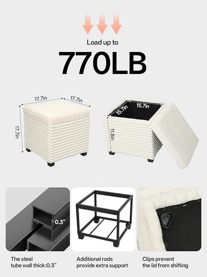 17.7 inches Faux Fur Ottomans Cube with Legs, Metal Framed Vanity Stool Chair Storage Ottoman Foot Rest Stool, Holds 770 LB for Dorm Living Room Bedroom White UASND644W