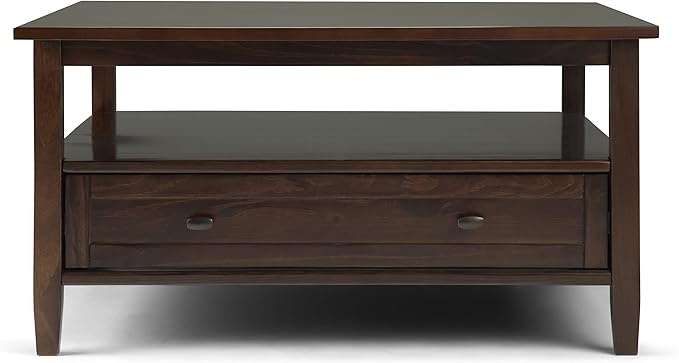 SIMPLIHOME Warm Shaker Square Coffee Table - 36 inch Wide Solid Wood Cocktail Table in Tobacco Brown, Transitional Living Room Table with Large Storage Drawer and Open Shelf for Sitting Area