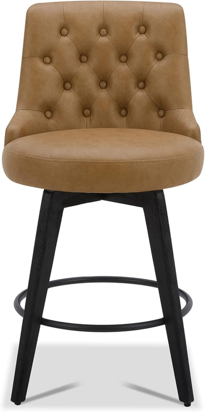 Watson & Whitely Modern Swivel Bar Stools, Faux Leather Upholstered Counter Height Bar Stools with Back, Solid Wood Legs, 26" H Seat, Set of 2, Cognac