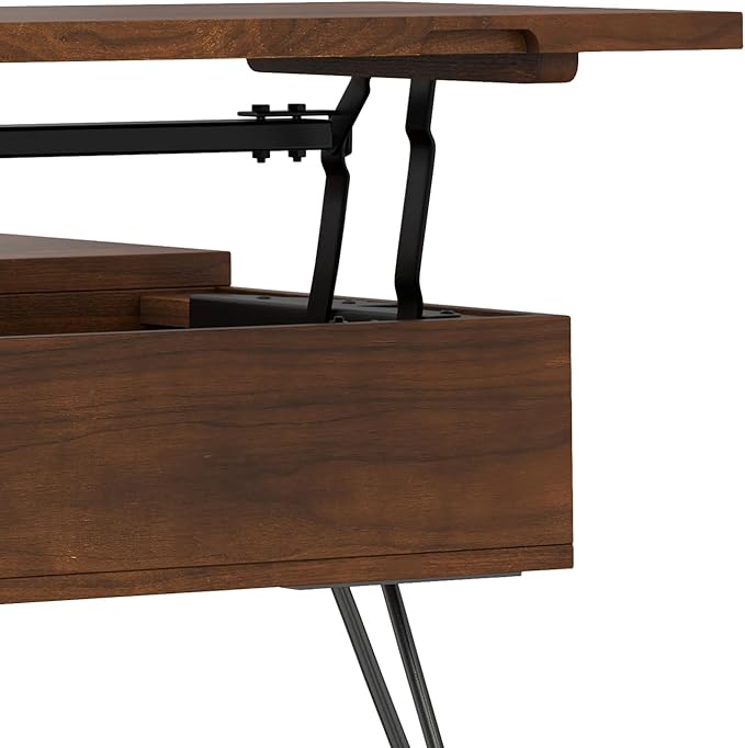 SIMPLIHOME Hunter Lift Top Coffee Table - 32 inch Wide Solid Walnut Veneer and Metal Industrial Square Cocktail Table, Living Room Table with Dual Lift Tops, Hidden Storage and Hairpin Legs
