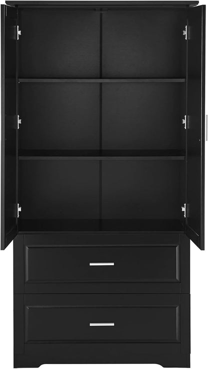 Tall Storage Cabinet, Bathroom Floor Freestanding Storage Cabinet with 2 Doors and 2 Drawers for Bathroom, Office, Living Room, Black