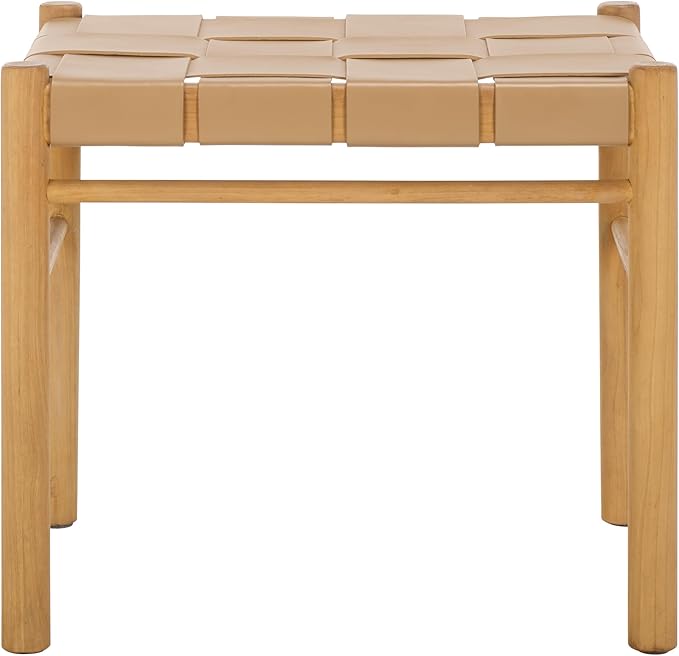 SAFAVIEH Couture Collection Devnie Tan Woven Leather & Natural Solid Wood Ottoman (Fully Assembled)