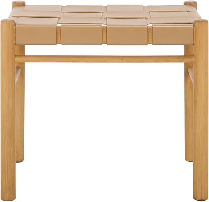 SAFAVIEH Couture Collection Devnie Tan Woven Leather & Natural Solid Wood Ottoman (Fully Assembled)