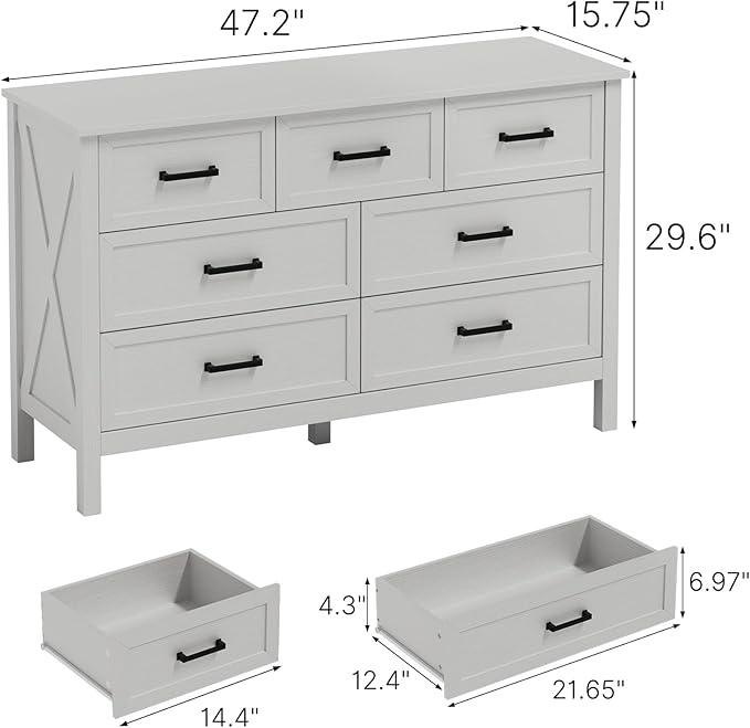 LYNSOM Farmhouse 7 Drawers Dresser for Bedroom, Wood Rustic Wide Chest of Drawers with Deep Drawers, Metal Handle, Storage Dressers Organizer for Hallway