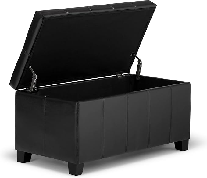 SIMPLIHOME Dover 36 inch Wide Contemporary Rectangle Storage Ottoman Bench in Midnight Black Vegan Faux Leather, Assembled, for the Living Room, Entryway and Family Room