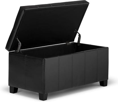 SIMPLIHOME Dover 36 inch Wide Contemporary Rectangle Storage Ottoman Bench in Midnight Black Vegan Faux Leather, Assembled, for the Living Room, Entryway and Family Room