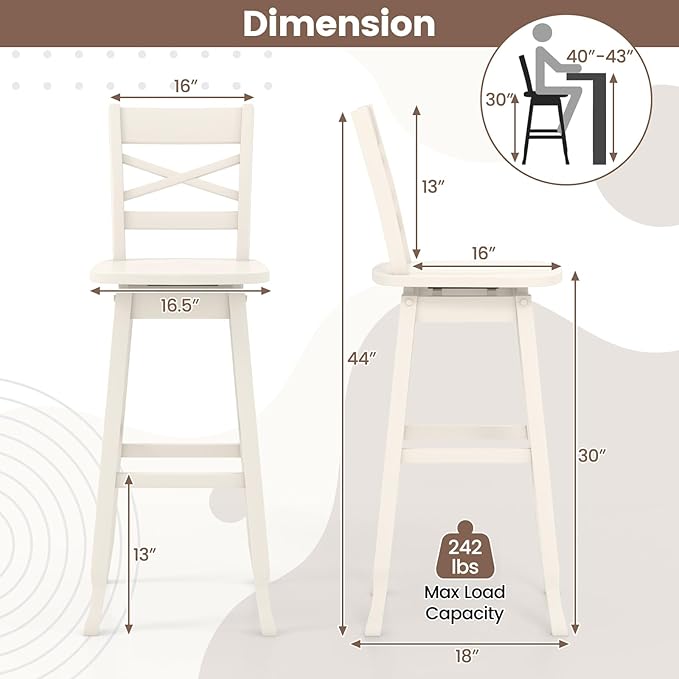 COSTWAY 30-Inch Bar Height Stool Set of 4, Rubber Wood Swivel Bar Stool with Inclined Backrest, Curved Seat & Footrest, Bar Chair for Kitchen Island & Pub (4, Cream)