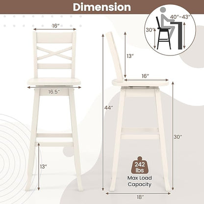 COSTWAY 30-Inch Bar Height Stool Set of 4, Rubber Wood Swivel Bar Stool with Inclined Backrest, Curved Seat & Footrest, Bar Chair for Kitchen Island & Pub (4, Cream)