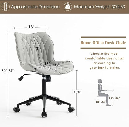 YOUNUOKE Armless Desk Chair Comfy Office Chair with Wheels Home Ergonomic Task Chair Adjustable Computer Chairs Modern Faux Leather Swivel Chair Upholstered Makeup Vanity Chair with Back(Gray)