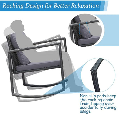 COSTWAY 3 Pieces Patio Rattan Rocking Chair Set, Outdoor Conversation Furniture Sets with Coffee Table, Storage Shelf and Cushions, Modern Bistro Set for Porch, Backyard, Garden, Gray