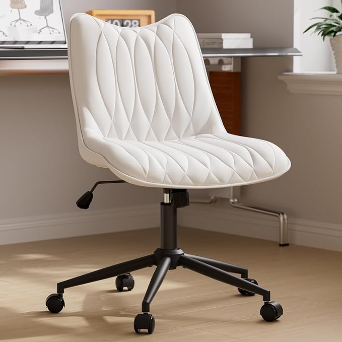 Armless Desk Chair, Armless Office Chair with Wheels, Small Desk Chair No Arms for Home Office, Swivel Vantiy Chair with Backs for Bedroom, Rolling Task Chair for Small Space, White
