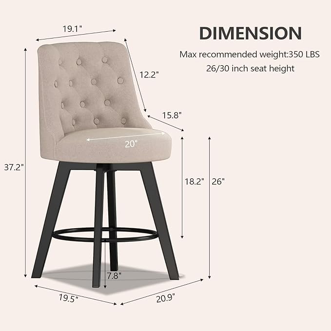 MINCETA Set of 2 Upholstered Bar Stools - 26 Inch Swivel Counter Height Stools with Low Tufted Back, Footrest & Performance Fabric - Round Seat for Kitchen Island & Home Bar Beige