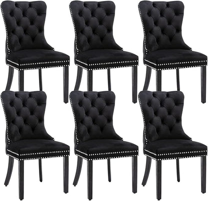 Velvet Dining Chairs Set of 6, Tufted Dining Room Chairs with Nailhead Ring Pull Trim, Upholstered Dining Chairs with Solid Wood Legs for Kitchen Dining Room, Sillas De Comedor (Black)