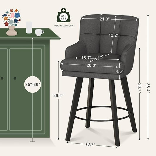 360°Swivel Counter Height Bar Stools with Back, 26 inch Solid Wood Legs, Bar Stool Modern Kitchen Island Chairs, Fabric (Black Grey- Fabric, 26" H- Set of 1)