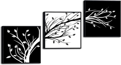 Wieco Art Black Framed Leaves Modern 3 Panels Flowers Artwork Black and White Abstract Floral Trees Canvas Prints Wall Art for Living Room Home Decorations