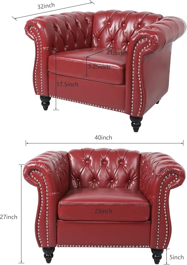 Living Room Chair, Modern Leather Chesterfield Sofa Chair, Mid Century Single Sofa Couch Chair with Tufted Back and Rolled Arms, Accent Sofa Chair for Living Room Apartment, Claret