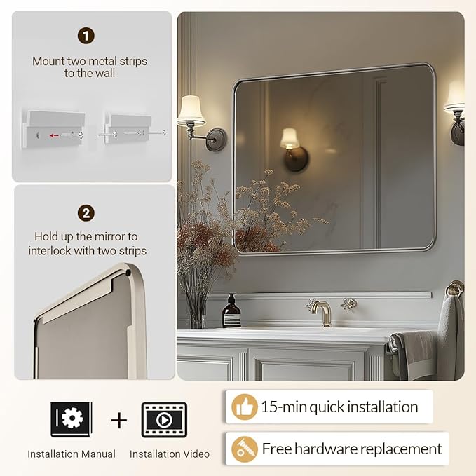 ANDY STAR Wall Mirror for Bathroom, 30x40 Inch Brushed Nickel Rectangle Bathroom Mirror for Over Sink, Modern Silver Rounded Rectangular Mirror for Vanity with Non-Rusting Tube Metal Frame