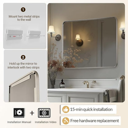 ANDY STAR Wall Mirror for Bathroom, 30x40 Inch Brushed Nickel Rectangle Bathroom Mirror for Over Sink, Modern Silver Rounded Rectangular Mirror for Vanity with Non-Rusting Tube Metal Frame