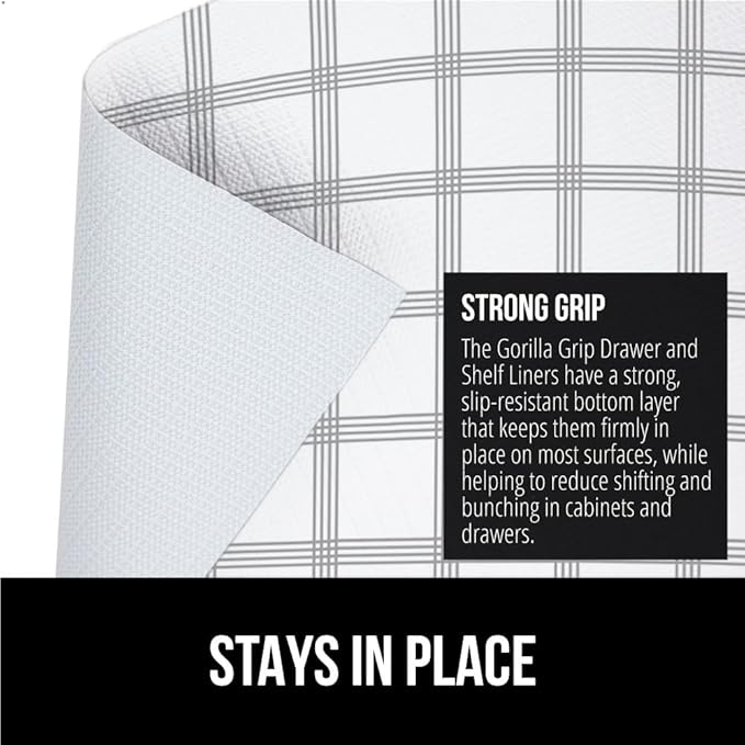 GORILLA GRIP Slip Resistant Drawer and Shelf Liner 2 Pack, Non Adhesive Water Resistant, Easy Trim, Smooth Surface Liners for Kitchen Cabinet, Shelves, Drawers Pantry, 12 IN x 20 FT, Stripe Gray White