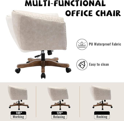 Beige Faux Leather Home Office Desk Chair, Upholstered Barrel Swivel Adjustable Arm Desk Chair with Nailheads, Comfy Mid-Back Study Chair with Silent Wheel for Study Office Computer