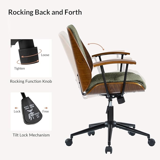 Modern Office Chair with Bentwood Polyester Upholstery Ergonomic Swivel Desk Chair with Adjustable Height for Home Office or Study Green