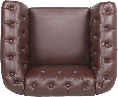 LEVNARY Leather Chesterfield Chair, Mid-Century Modern Single Sofa Chair, Tufted Upholstered Rolled Armchair for Home Bedroom Reading Room (Dark Brown)