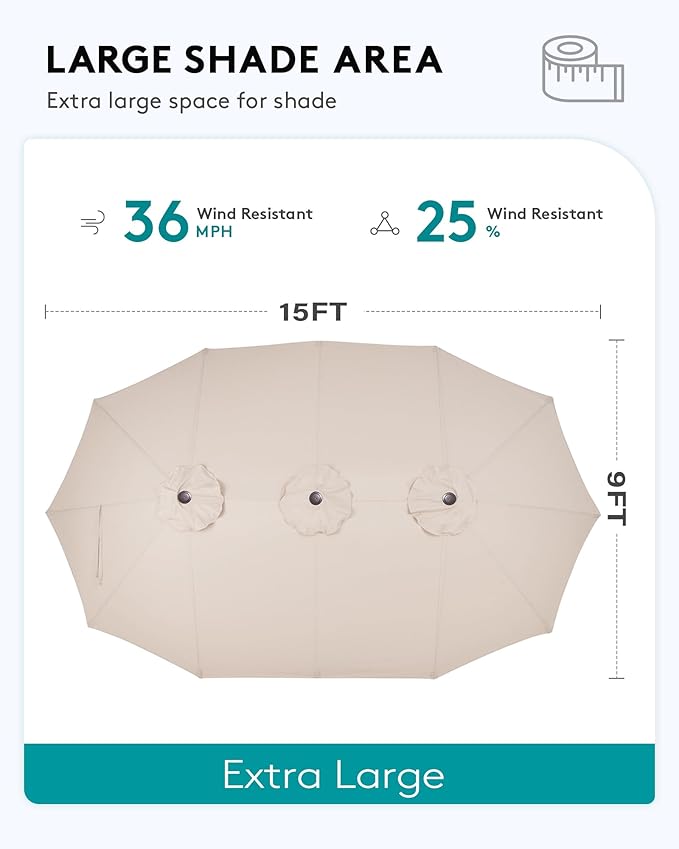 SERWALL HDPE Patio Furniture Set with 15FT Double Side Patio Umbrella, All Weather Wood-Like Outdoor Sofa Sectional Couch, Grey Patio Furniture with Khaki Cushions