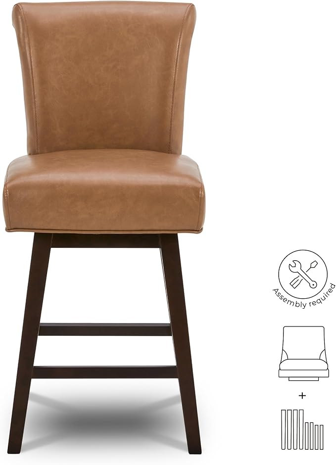 CHITA 26 Inch Counter Height Swivel Bar Stools Set of 3, FSC Certified Modern Upholstered Faux Leather Swivel Barstool Chair with Back, Saddle Brown