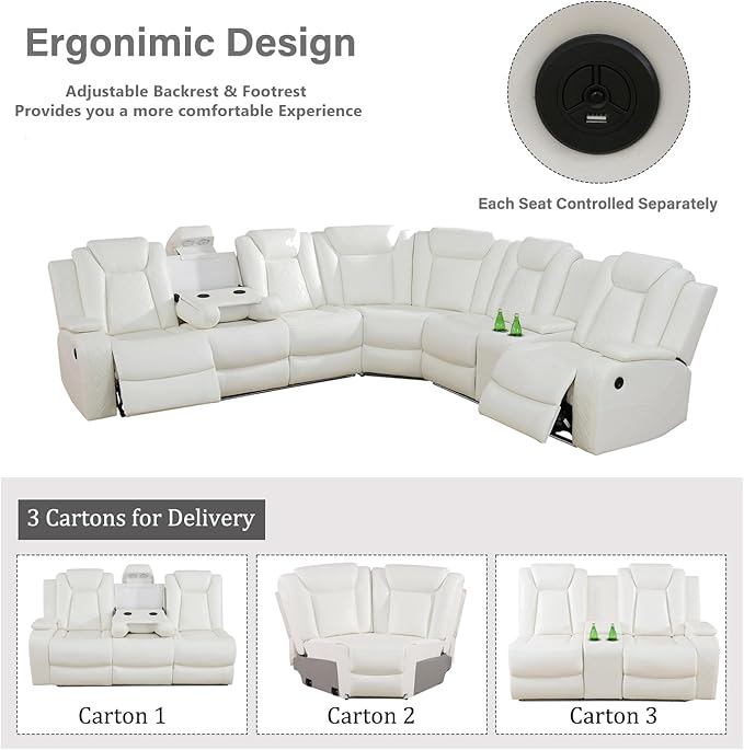 Power Recliner Sectional Couch with LED, Leather Reclining Sofa for Living Room, Muti-Functional Recliner Corner Sectional with Storage Console/Cup Holders/USB Ports (Creamy White, SECTIONAL & CHAIR)