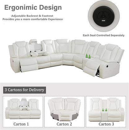 Power Recliner Sectional Couch with LED, Leather Reclining Sofa for Living Room, Muti-Functional Recliner Corner Sectional with Storage Console/Cup Holders/USB Ports (Creamy White, SECTIONAL & CHAIR)