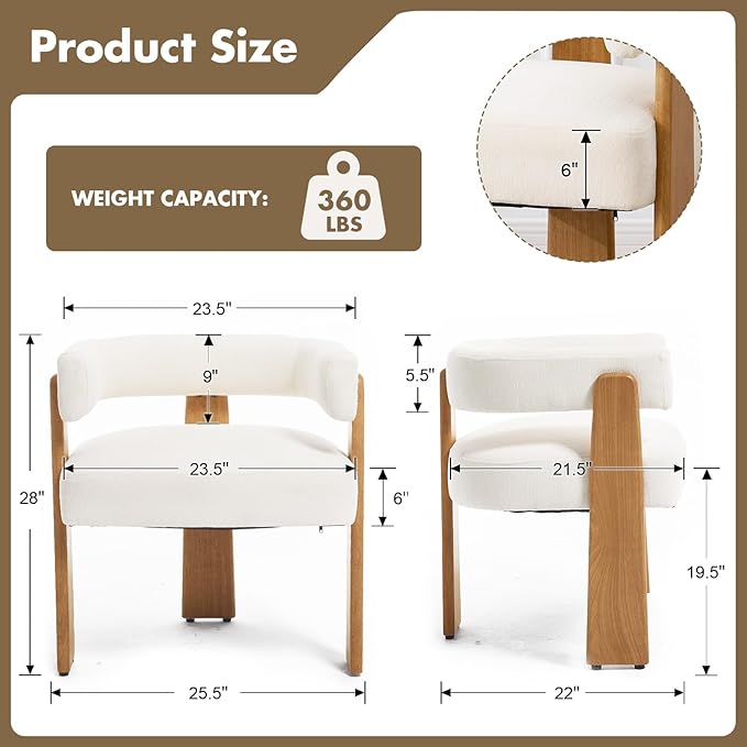 Upholstered White Velvet Dining Chairs Set of 4, Boho Modern Barrel Accent Armchairs, Thick Padded Seat & Natural Wooden Legs, Mid Century Inspired Kitchen/Dining Room Chairs, Creamy White