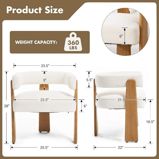 Upholstered White Velvet Dining Chairs Set of 6, Boho Modern Barrel Accent Armchairs, Thick Padded Seat & Natural Wooden Legs, Mid Century Inspired Kitchen/Dining Room Chairs, Creamy White