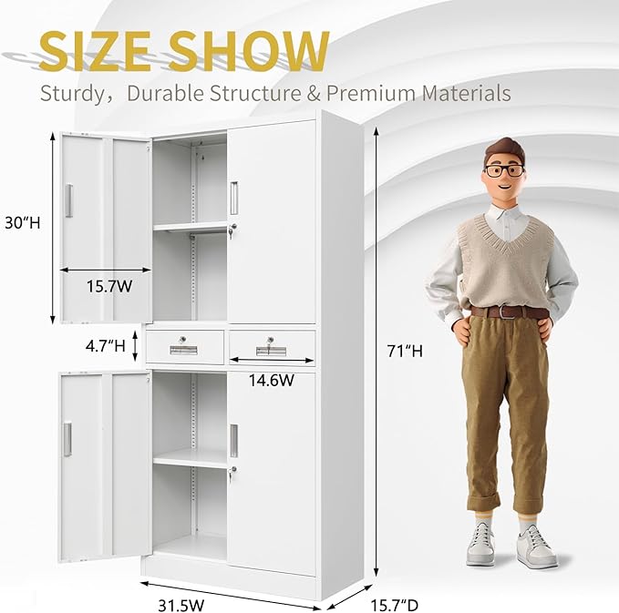 Metal Storage Cabinet, 71 Inch Tall Metal Storage Cabinet with Doors and Shelves, Pantry Cabinets with 2 Drawers for Kitchen Storage, Garage Cabinet for Living, Dining Room, Assemble Required