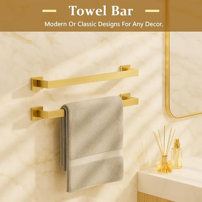 5-Piece Bathroom Hardware Set， Brushed Gold Bathroom Accessories 304 Stainless Steel， Including 23.8 inch Bath Towel Bar*2, Double Towel Hook, Toilet Paper Holder, and Towel Ring