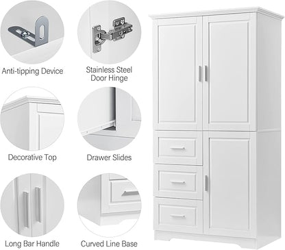P PURLOVE Bathroom Storage Cabinet with 3 Drawers,Tall and Wide Bathroom Cabinet Standing,Wood Freestanding Tall Bathroom Cabinet for Kitchen,Living Room