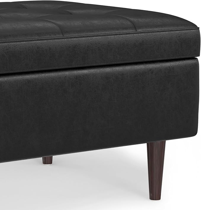 SIMPLIHOME Shay 34 inch Wide Mid Century Modern Small Rectangle Coffee Table Storage Ottoman in Distressed Black Vegan Faux Leather, Assembled, for The Living Room, Entryway and Family Room