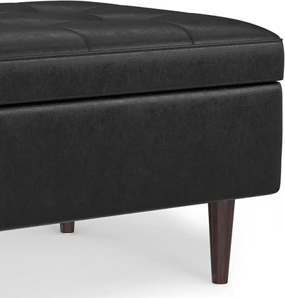 SIMPLIHOME Shay 34 inch Wide Mid Century Modern Small Rectangle Coffee Table Storage Ottoman in Distressed Black Vegan Faux Leather, Assembled, for The Living Room, Entryway and Family Room