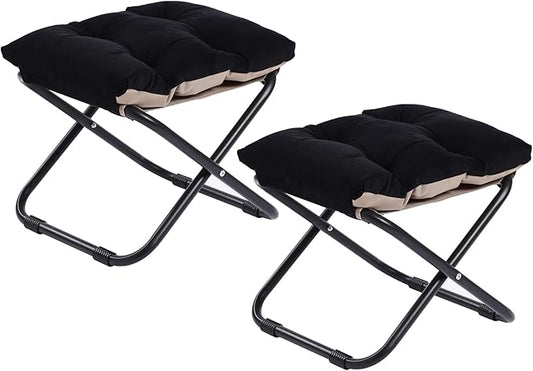 LITA Folding Footrest Stool, Portable Ottoman Foot Rest, Upholstered Small Foldable Ottoman with Detachable Thick Cotton Cushion Padded Sofa Stool for Living Room, Bedroom, Velvet Black Set