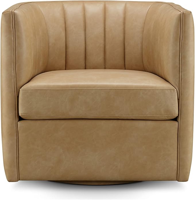 CHERS Rivet Mid-Century Modern Swivel Armchair, Channel-Tufted Faux Leather Accent Chair, 360-Degree Rotating Lounge Chair with Ergonomic Design for Living Room, Bedroom, Home Theater, Nude