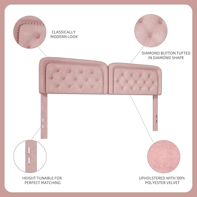 Tufted Upholstered Headboard King Size, Button Adjustable Height King Head Board Only, Sturdy and Durable Solid Wood with Nailhead Trim Headboards, Ideal for Bedroom, Dorm, Guest Room,Pink