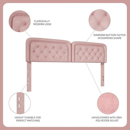 Tufted Upholstered Headboard Queen Size, Button Adjustable Height Queen Head Board Only, Sturdy and Durable Solid Wood with Nailhead Trim Headboards, Ideal for Bedroom, Dorm, Guest Room,Pink