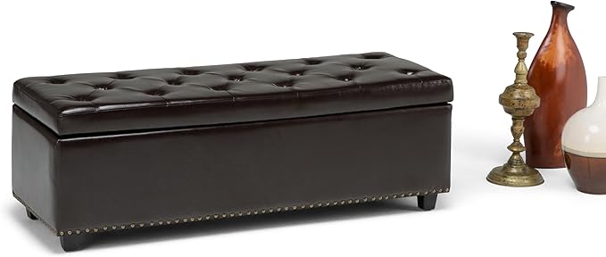 SIMPLIHOME Hamilton 48 inch Wide Transitional Rectangle Storage Ottoman in Coffee Brown Vegan Faux Leather, Assembled, For the Living Room, Entryway and Family Room