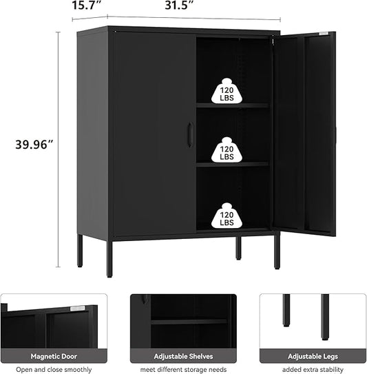 Metal Locker Storage Cabinet with 2 Doors and 4 Shelves，39.96" Tall Steel Office Cabinet,Bathroom Floor Locker，for Office,Home,Garage,Gym,School (Black)