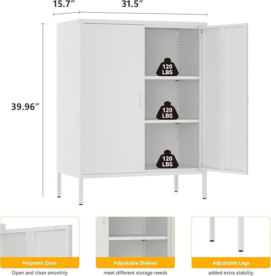 Metal Cabinet with 2 Doors and 4 Shelves，39.96" Tall Steel Office Cabinet,Bathroom Floor Locker，for Office,Home,Garage,Gym,School (White)