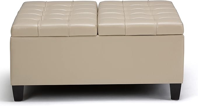 SIMPLIHOME Harrison Coffee Table Storage Ottoman - 36 inch Wide Upholstered Vegan Leather Square Lift-Top Ottoman in Satin Cream, Transitional Ottoman for Living Room with Hidden Storage