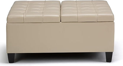 SIMPLIHOME Harrison Coffee Table Storage Ottoman - 36 inch Wide Upholstered Vegan Leather Square Lift-Top Ottoman in Satin Cream, Transitional Ottoman for Living Room with Hidden Storage